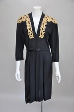 Vintage 1940s Black Rayon Dress w/ Ivory Soutache Trim Belted Deep V Party M picture