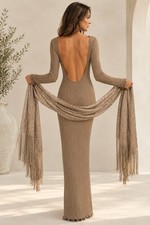 NWT COMMENSE Ribbed Backless Maxi Dress Taupe Long Sleeve Scalloped Hem & WRAP picture