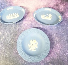 VTG Set /3 Wedgwood Blue Jasperware Small Trinket Dishs picture
