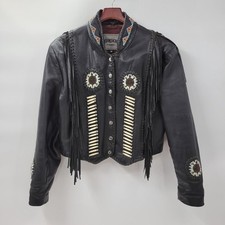 VTG Unik Leather Motorcycle Jacket Womens M Black Fringe Beaded Cropped Snaps picture