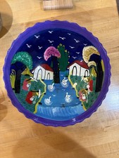 VTG Mexican Folk Art Hand-Painted Hanging Terracotta Story Bowl / Plaque – 9.25