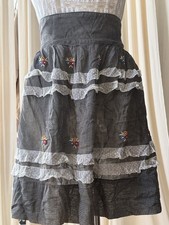 Women’s vintage Black White Check Lace Linen Apron Skirt Tie Back Midi One Size picture