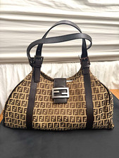 Fendi Zucca Monogram Shoulder Bag Brown Beige Double Handles Silver w Dust Bag picture