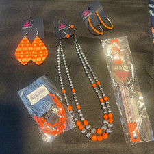 Paparazzi Orange & Silver Mixed Lot Necklace Bracelet Earrings Set, 5 Pieces picture