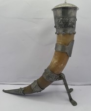 Vintage Norwegian Drinking Horn Pewter Tinn Handmade Norway Viking Lidded Nice picture