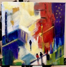 Original Colourful  Abstract Cityscape Painting Impasto 10x10 in Unframed picture