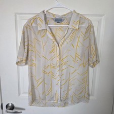 VTG 90s Nordstrom Blouses 10 Cream Yellow Abstract Camp Collar Crepe Shirt HK picture