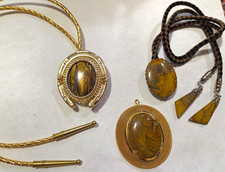Lot 2 Vintage Bolo Ties Tiger Eye Horseshoe Gold + Bumblebee Jasper Set picture