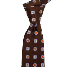 $210 NWOT MATTABISCH Napoli Satin Brown w Blue Medallions Silk Neck Tie 3.1W picture
