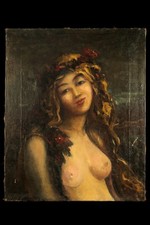 Antique Oil Painting On Canvas Circa 1900, Portrait Of A Young Nude Woman picture