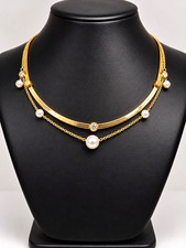 18K Gold Plated Double Cable Chain Cultured Pearl Charm Pendant Crystal picture