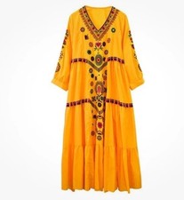Win’s  Retro Ethnic Style Mexican Embroidered Cotton Linen midi Boho Loose Dress picture