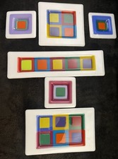 Colorful 6pc geometric fused art glass dish plate platter tray, Good Condition. picture