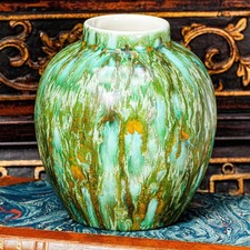 Mid Century Modern MCM Unique Drip Glazed Vintage Decorative Green Vase picture