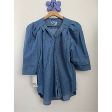 KMJ Large NEW Taylor Denim Shirt 3/4 Puff Sleeve Office Career Work Chambray picture