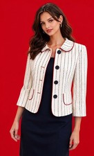 NEW Talbots Blazer Size 10 Cream Navy Stripe Peter Pan Collar Red Trim Cotton picture