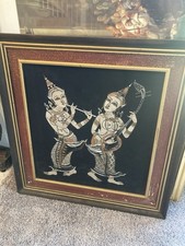 Vintage Thai Silk Painting Framed Dancers Thailand Asian Folk Art Wall Decor picture