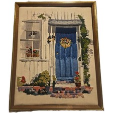Vtg Framed 3-D Cruel Embroidery Scene Garfen Door And Window 19 X 15 In picture
