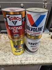 4 Vintage Torco Racing, Mobil, Havoline, Valvoline Oil cans, 1 qt ea. Full. picture