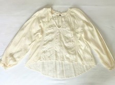 Free People Ivory Floral Embroidered Lace Inset V-Neck Boho Peasant Top Blouse picture