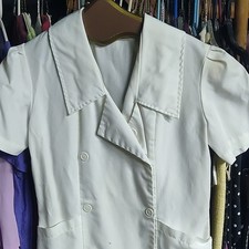 Vintage 70s 80s Uniflair Nurse Uniform Dress White Double Breasted Pleated Mod picture