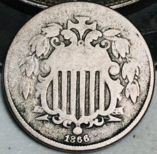 1866 Shield Nickel 5 Cents 5C RAYS Ungraded Civil War Era US Coin CC28501 picture