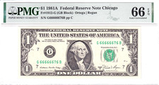 1981-A $1 FRN PMG Gem Unc 66EPQ 6/7 Binary Near Solid #G66666676B picture