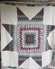 Vtg Handmade Lone Star Quilt Queen Hand Quilted Floral Patchwork Purple Green picture