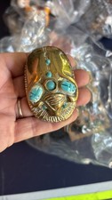 Vintage Brass Egyptian Scarab Beetle Paperweight with Turquoise colored Inlay picture