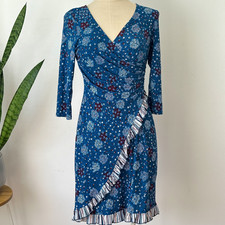 LEONA EDMISTON - FAUX WRAP DRESS - BLUE FLORAL RUFFLE - KNEE LENGTH - 10 12 AU picture