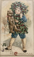Winsch 1910 A Joyful Christmas Boy Wrapped In Holly & Teddy Bear Postcard picture