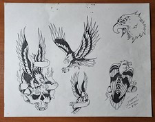 1987 Tatts Tommy Vintage Biker Style Tattoo Flash Sheet Skull, Eagles, USA picture