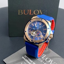 Men's Bulova Marine Star Blue Dial Red Silicon 98A227 Automatic Watch 45mm picture