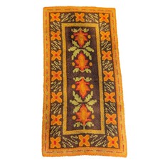 Vintage 70s Latch Hook LongRug Runner Brown Orange Floral Leaf Retro MCM 31x62 picture