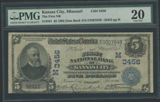 1902 $5 First National Bank Kansas City Date Back Charter 3456 Fr. 591 PMG VF20 picture