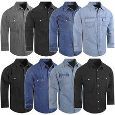 Washed Denim Cotton Shirt Mens Casual Workwear Stretch Snap Pockets BIG FITTING picture