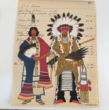 TRAVIS BLACKBIRD Ledger Art ORIGINAL Native American Drawing INDIAN CHIEF & WIFE picture