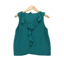 Talbots Ruffle Front Blouse Womens Small Teal Green Sleeveless V-Neck Top picture