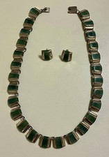 Vintage Mexican 925 Sterling Silver Green Jade Inlay Panel Necklace Earrings Set picture