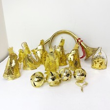 Lot Of 12 Vintage Shiny Brass Christmas Laser Cut Ornaments, Bells & Bugle Horn picture