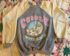 VTG 80s M Gray/Cream Raglan Crewneck Sweatshirt Cuddle With Care Kawaii Cat Cute picture