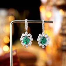 8.42 Ct Oval Natural Columbian Emerald Diamond Earring Stud 14K Real White Gold picture