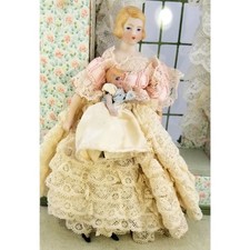 Antique German Bisque Lady Dollhouse Doll With Baby Dressed In Lace Gown 7