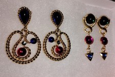 2 VTG Gripoix Style Earrings Signed Trifari Glass Cabochon Runway Statement RARE picture