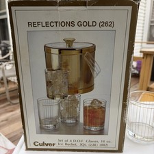 Vintage Culver Reflections Gold Ice Bucket and 4 D.O.F. Glasses Set NIB MCM picture