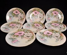 Limoges T&V Set of 8 Plates Pink & White Poppies Artist M. O'Neill HTF 1892-1907 picture