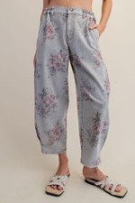 Easel Women’s Floral Roses Washed Barrel-Leg Denim Jeans Pants in Gray picture