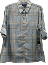Jones New York Signature Plaid Cotton Roll Tab Button Shirt L Blue Coastal New picture
