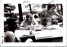 Americana Family Picnic at Pleasant Lake 1950 B&W Snapshot Vintage Photo picture