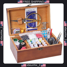 Wooden Sewing Kit Box with Needles Pins Buttons and Accessories for Adults picture